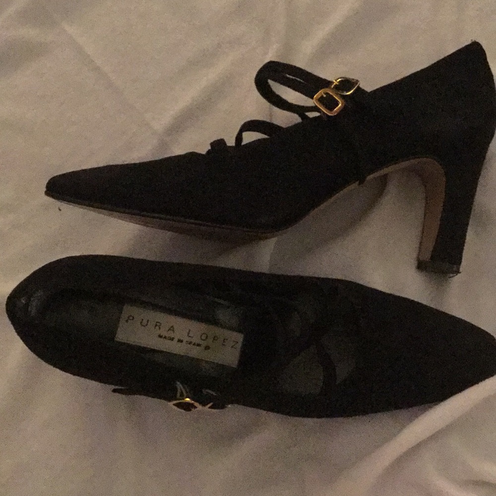 Black Suede Pura Lopez Strappy Pumps 7 1/2